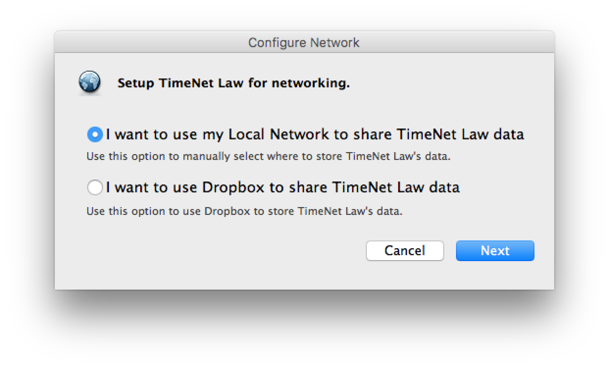 TimeNet Law Networking Setup Window