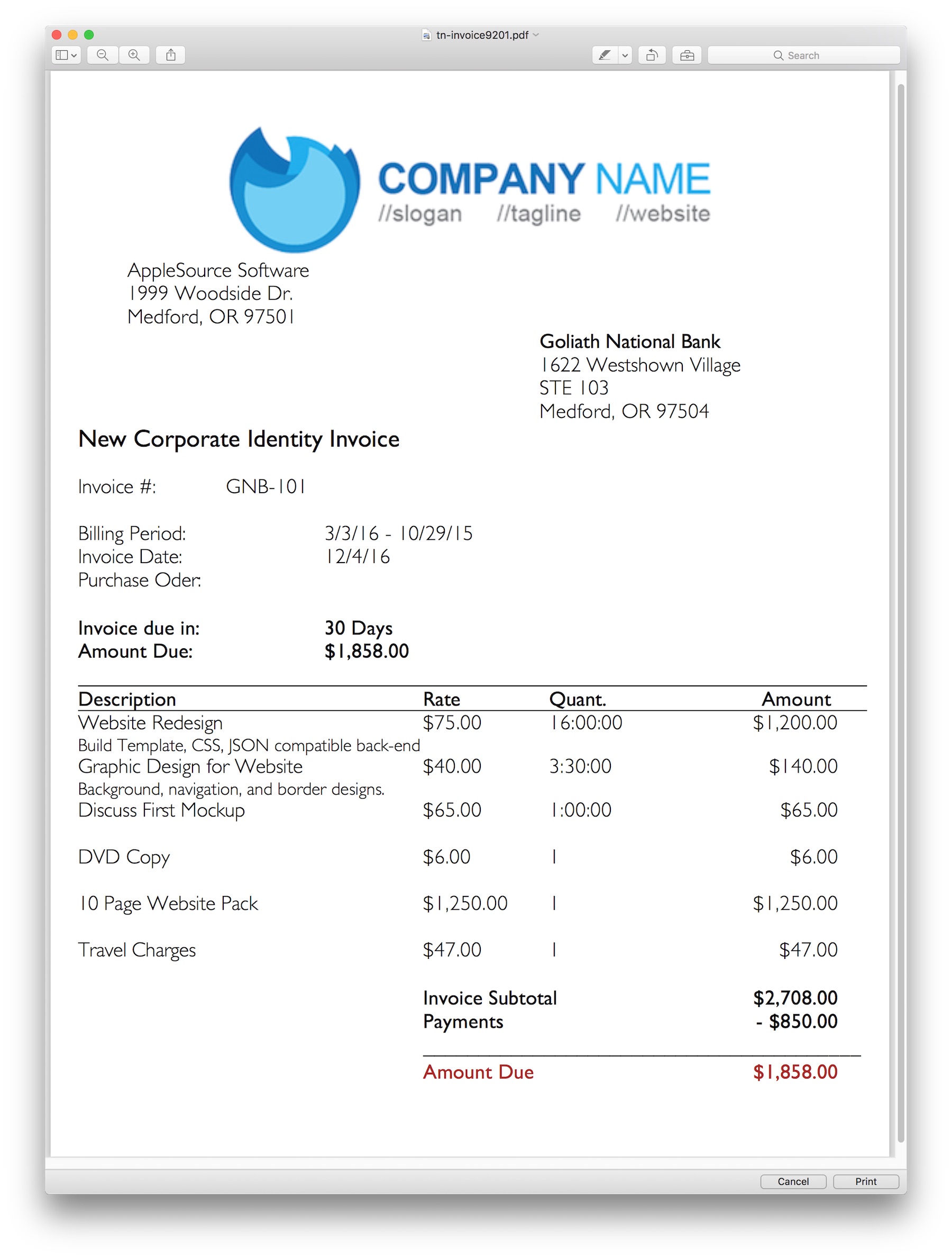 template for a professional invoice